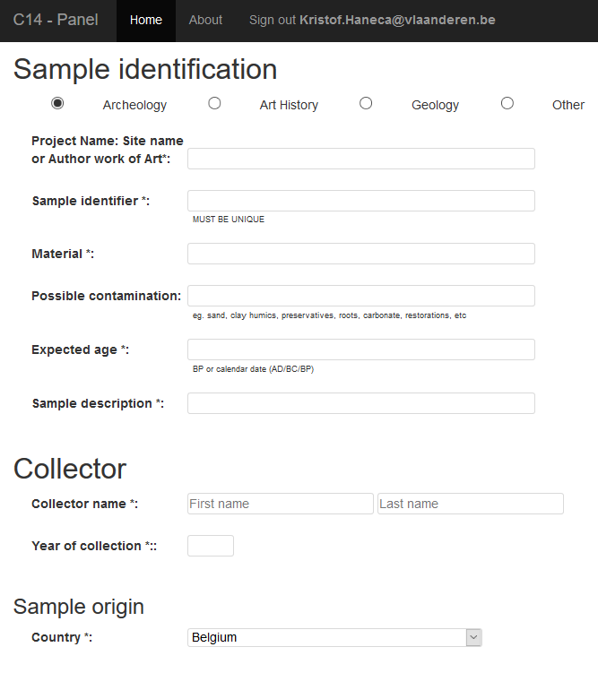 Voorbeeld van een online registratieformulier voor te analyseren stalen (http://radiocarbon.kikirpa.be/)
