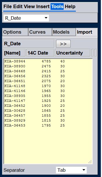 Copy-paste de gegevens van de radiokoolstofdateringen rechtstreeks in OxCal.